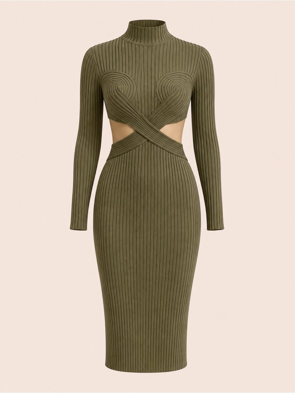 Olive Green Cutout Ribbed Dress